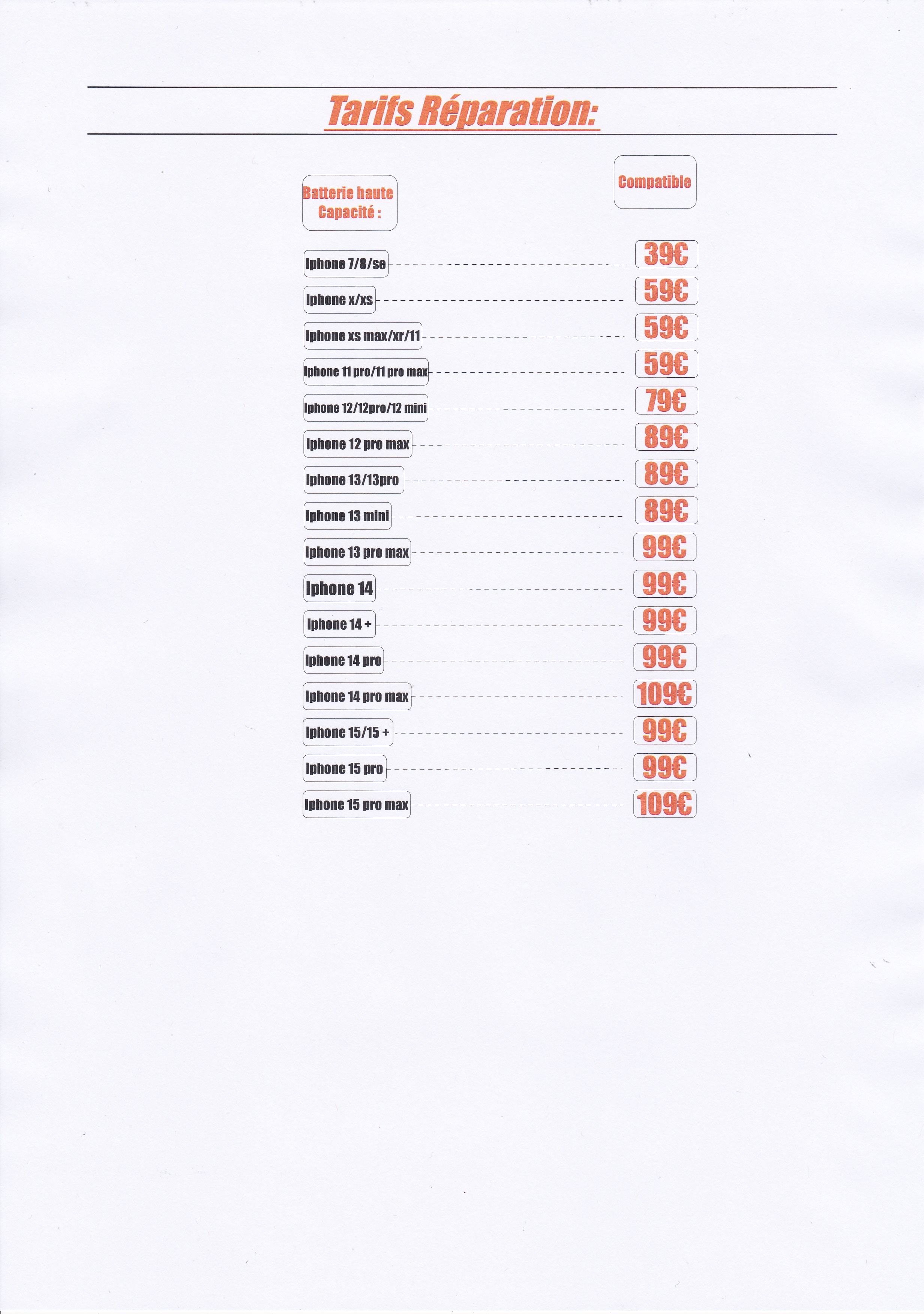 Tableau de tarifs de réparation